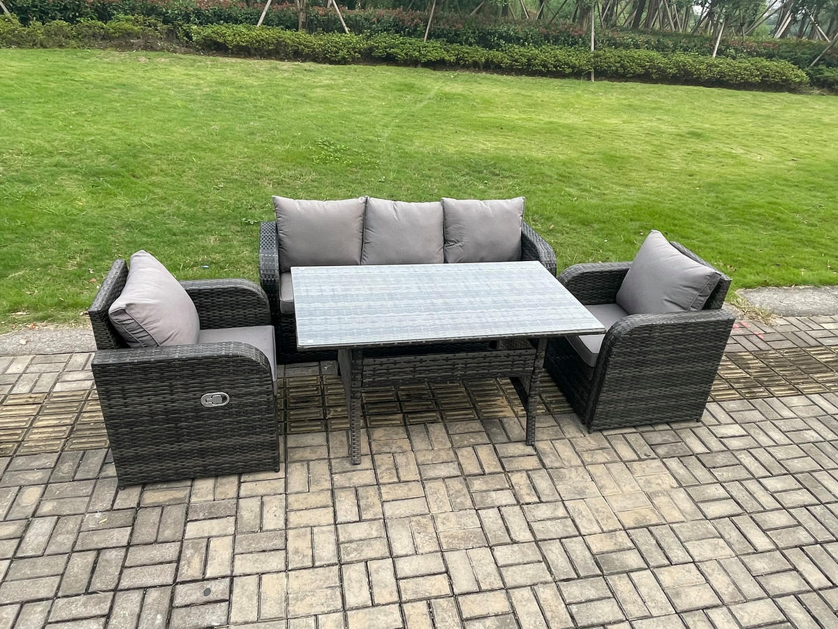 GARTENGARNITUR mit Liegestuhl Polyrattan Dunkelgrau 5-Sitzer - Dunkelgrau/Grau, Glas/Kunststoff - Fimous