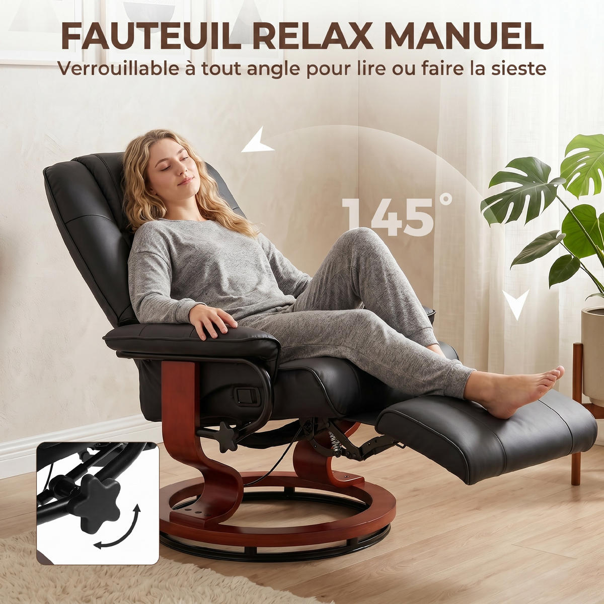 RELAXSESSEL,MANUELL verstellbare Lehne Kunstleder Fußstütze,schwarz - Schwarz, Leder (78/100/87cm) - Vallsero
