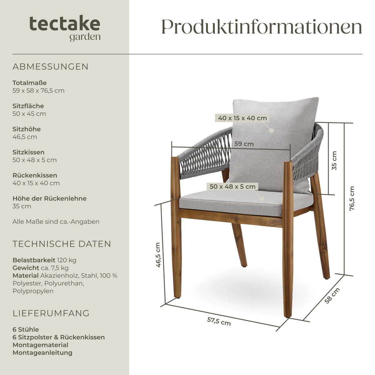 GARTENSTUHL Manacor,höhenverstellbare Kunststofffüße,greige - Greige/Braun, Holz (59/76.5/58cm) - tectake