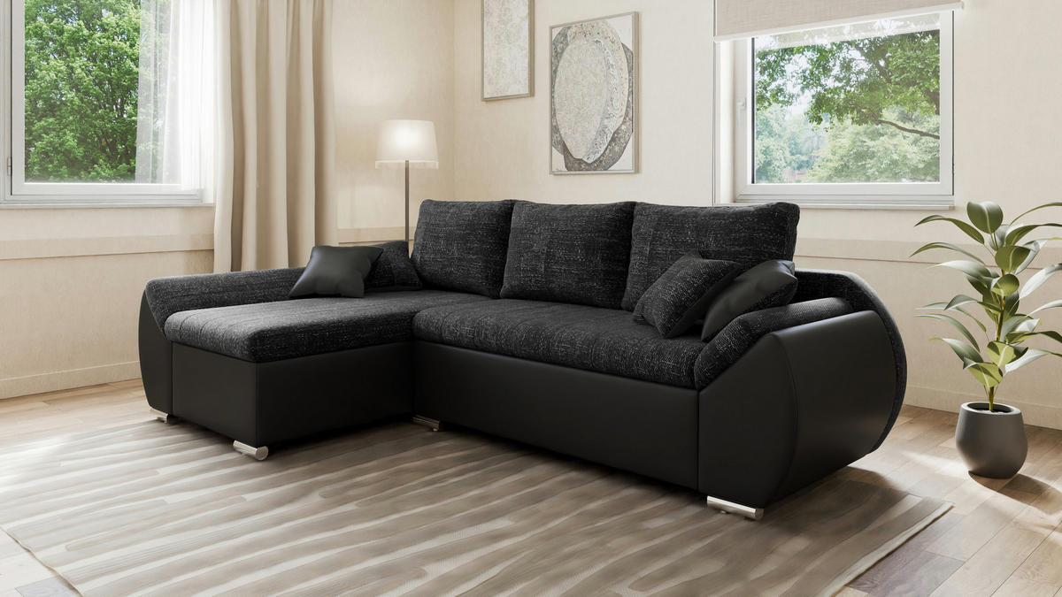 ECKSCHLAFSOFA ALEX – Schwarz (Lawa 06 + Soft 11) + Hocker - Links - Schwarz, Holzwerkstoff/Metall (275/155cm) - Möblo
