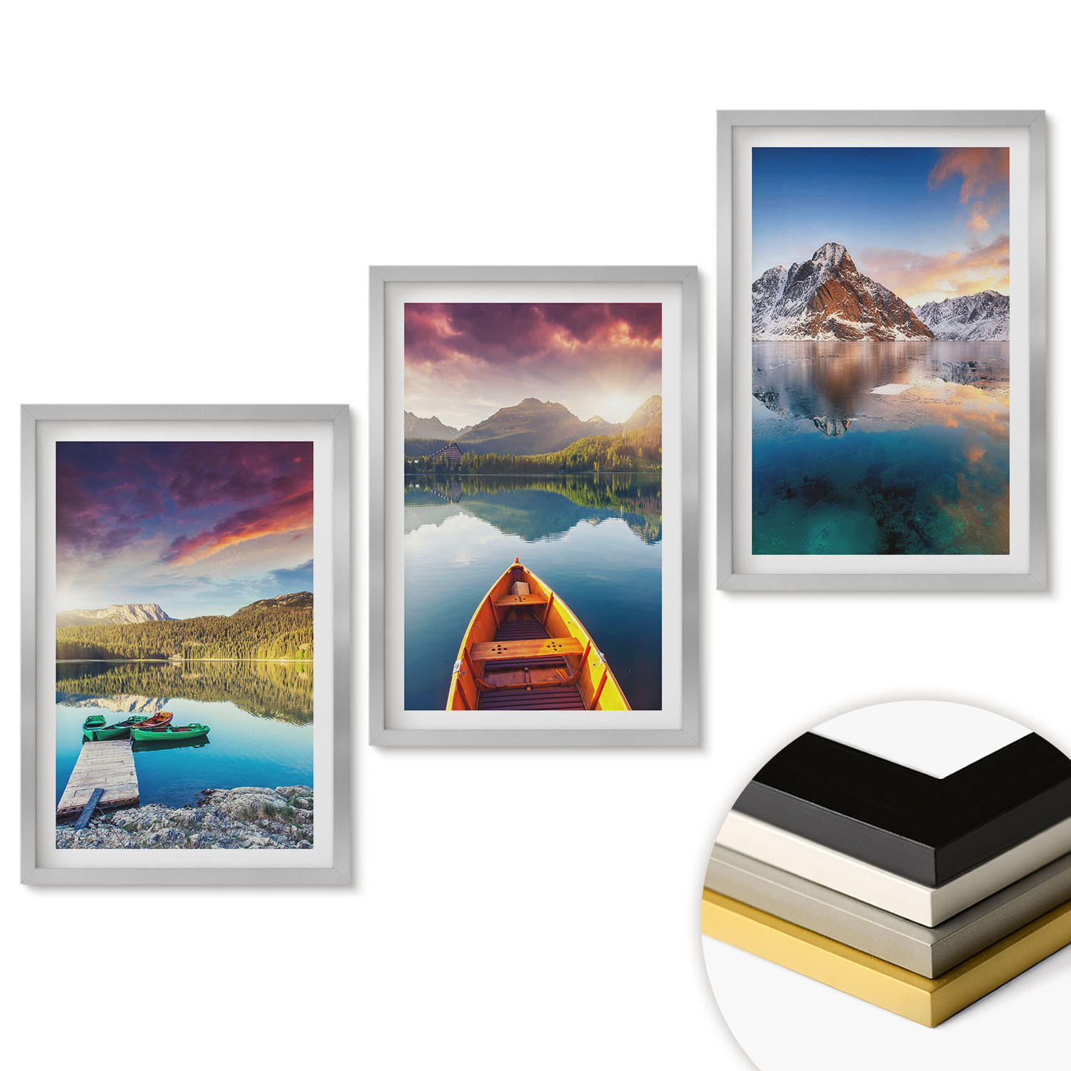 WANDBILDER 3er Set - 40x60 cm Silberner Rahmen - Seen, Berge, Boote, Frieden - Silberfarben, Kunststoff (40/60cm) - ArtPrintCave