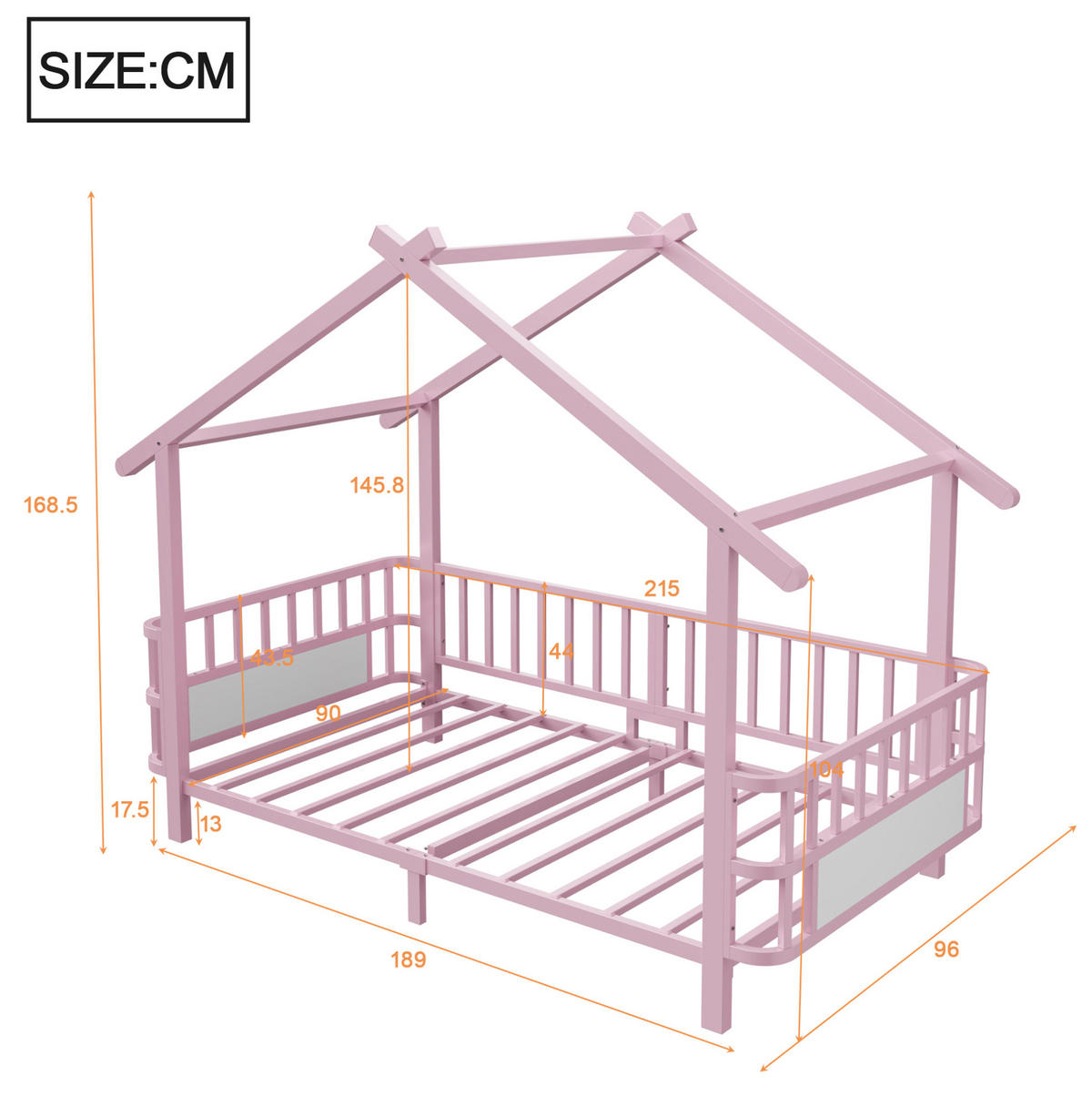 KINDERBETT Hausform 90/200 cm Rosa mit Dachdesign und Sicherheitsgitter ohne Matratze - Rosa, Metall (90/200cm) - MIVRAY