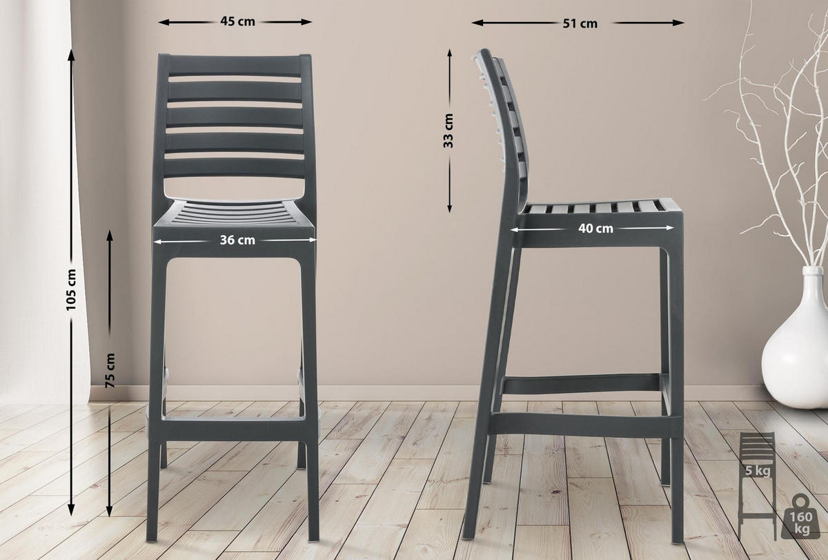 BARHOCKER 4er Set Kunststoff dunkelgrau - Chromfarben/Dunkelgrau, Kunststoff (45/105/51cm) - CLP