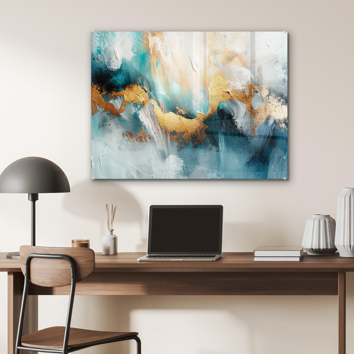 OBRAZ NA AKRYLOVOM SKLE Abstraktné - umenie - zlaté - modré 80x60 cm - petrolejová, sklo (80/60cm) - MuchoWow