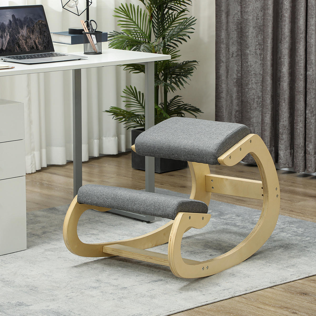 ERGONOMISCHER Kniehocker für Homeoffice, verbessert die Körperhaltung, Grau - Grau, Holz (85/54/55cm) - HOMCOM