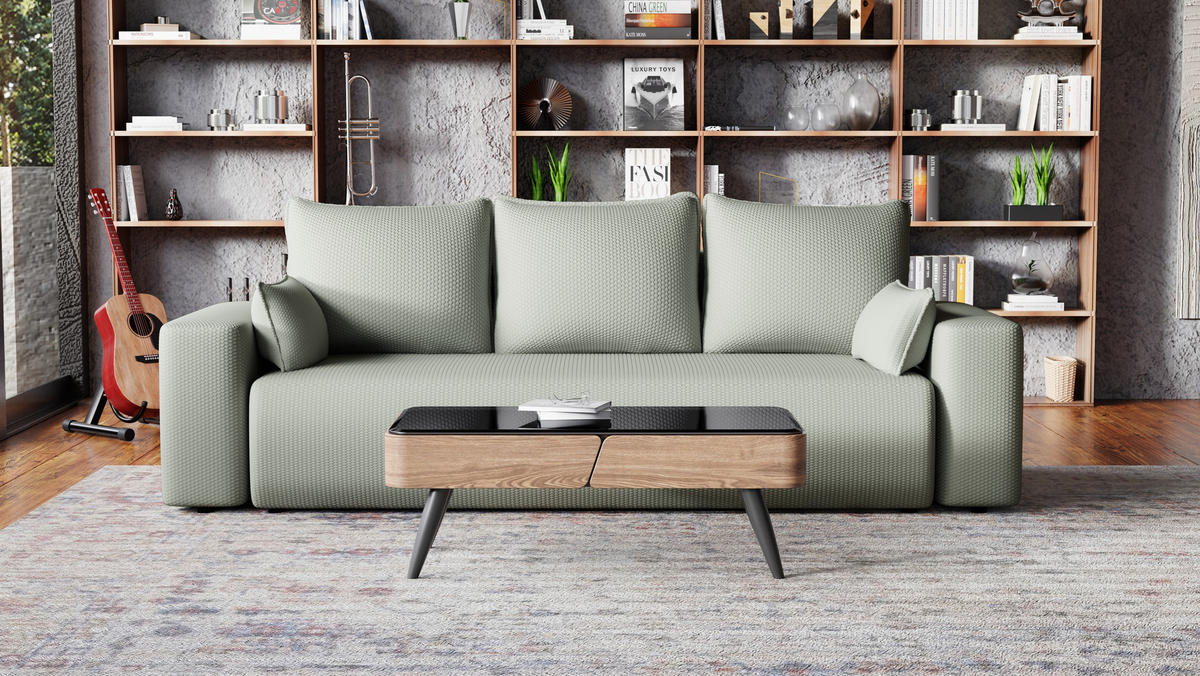 SOFA Bubi mit Bettkasten und Schlaffunktion, Cordstoff - Hellgrau, Holzwerkstoff (242/85/95cm)