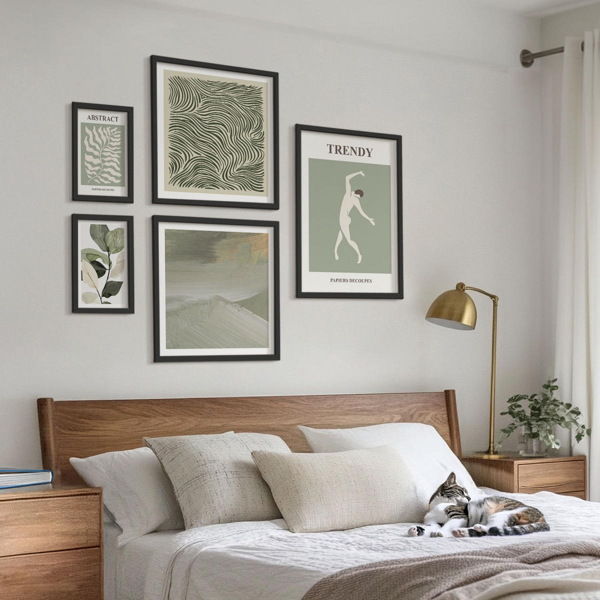 BILDER SET 5er Set - 50x50 cm & 20x30 cm & 40x60 cm Schwarzer Rahmen - Abstrakte Pflanzenmuster - Schwarz, Kunststoff (40/60cm) - TULUP