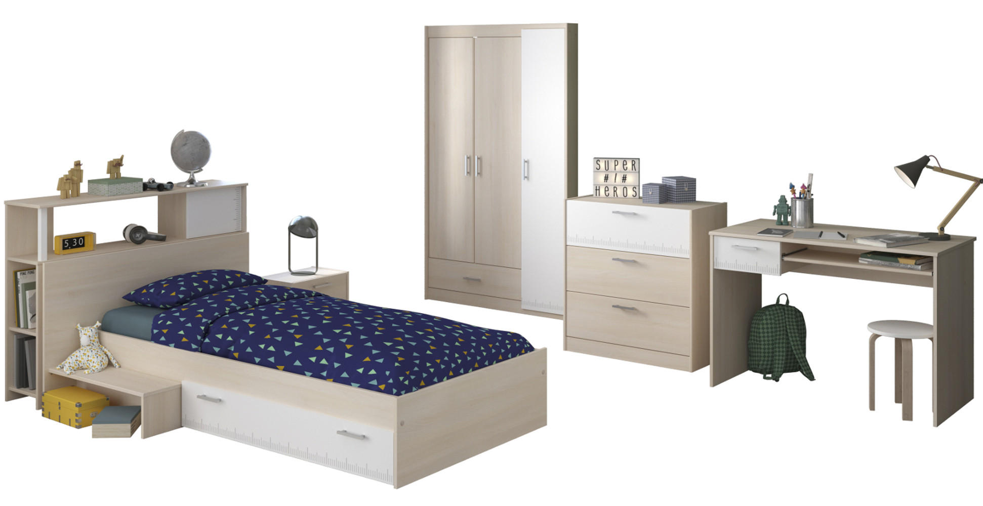 JUGENDZIMMER Set 6-tlg Kleiderschrank Schreibtisch Bett 90x200 - Silberfarben/Weiß, Holz/Holzwerkstoff (90/179/200cm) - Parisot Meuble