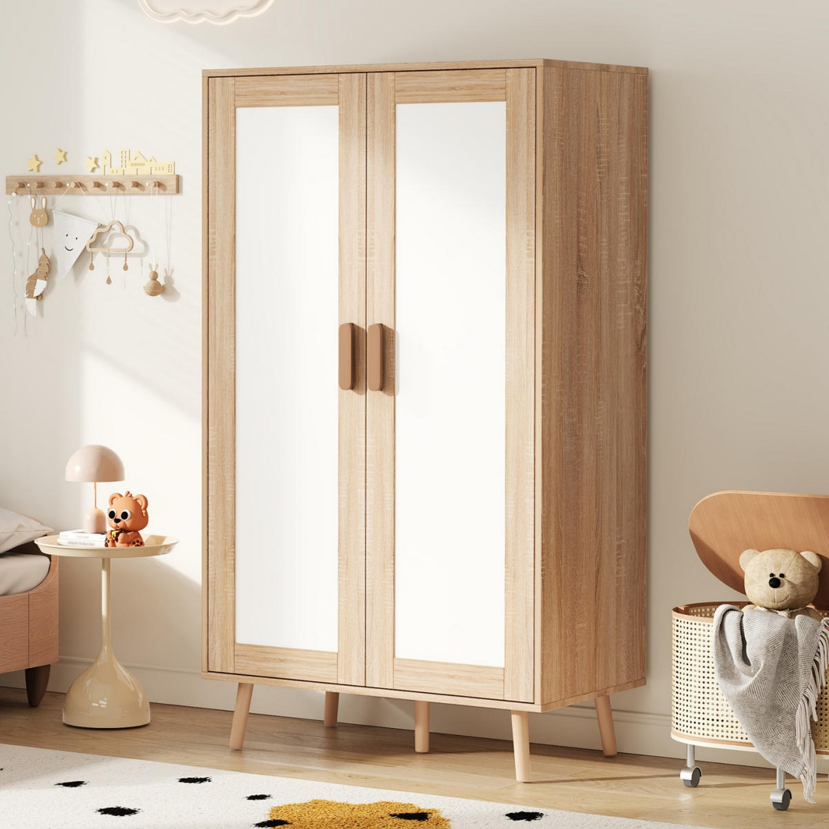 KLEIDERSCHRANK in Weiß & Naturholz-Optik Schlafzimmerschrank mit Kleiderstange, B80/T46/H141,5 cm - Naturfarben/Weiß, Holzwerkstoff (80/141.5/46cm) - STILVORA
