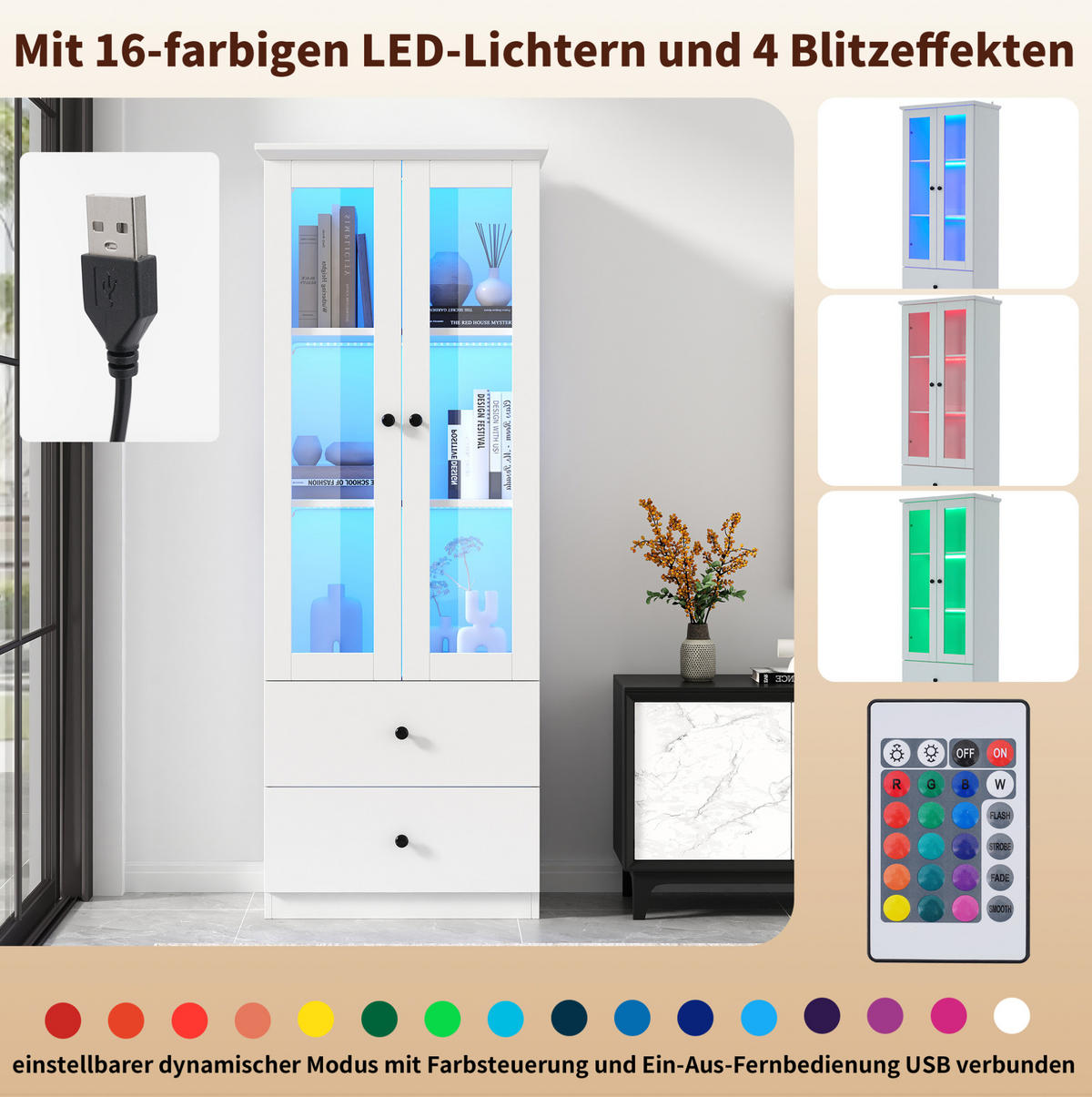 VITRÍNA 60/35,5/165 cm bílá z MDF a dřevotřískové desky s LED osvětlením a USB připojením - bílá, kompozitní dřevo (60/165/35.5cm) - OKWISH