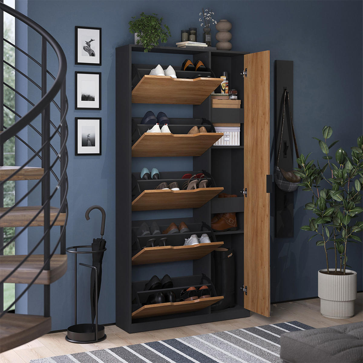 SCHUHKIPPER Luca, Anthrazit/Goldkraft Eiche, 90 x 180.5 cm mit 5 Kippfächern & Spiegel - Honigeiche/Anthrazit, Holzwerkstoff (90/180.5/22cm) - Vicco