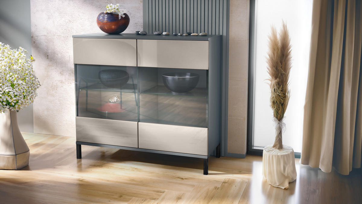 KOMMODE Bari Sandgrau Hochglanz - Sandfarben, Holzwerkstoff (92.5/83.5/35cm) - Vladon