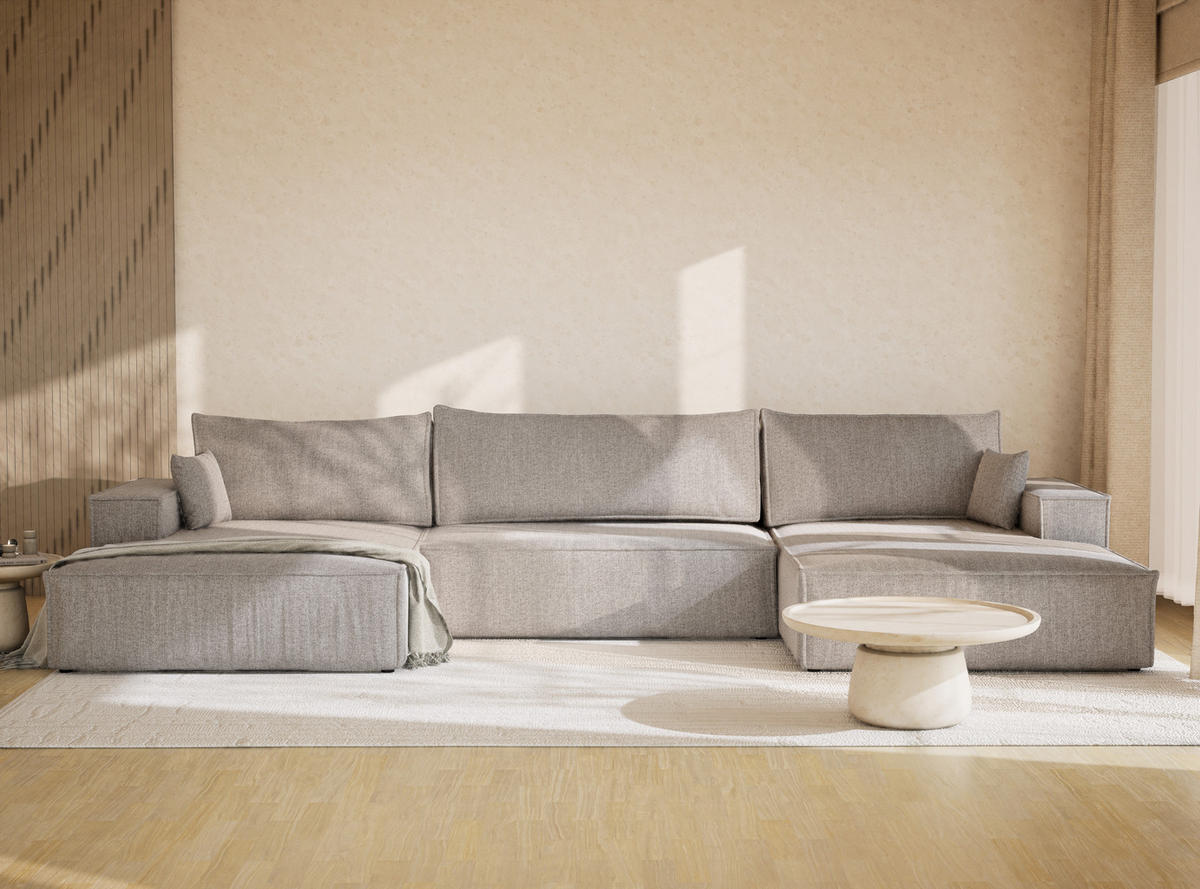 WOHNLANDSCHAFT Kyoto Beige grau Webstoff - Greige/Schwarz, Holz/Holzwerkstoff (398/70/148cm) - Maison de Reve