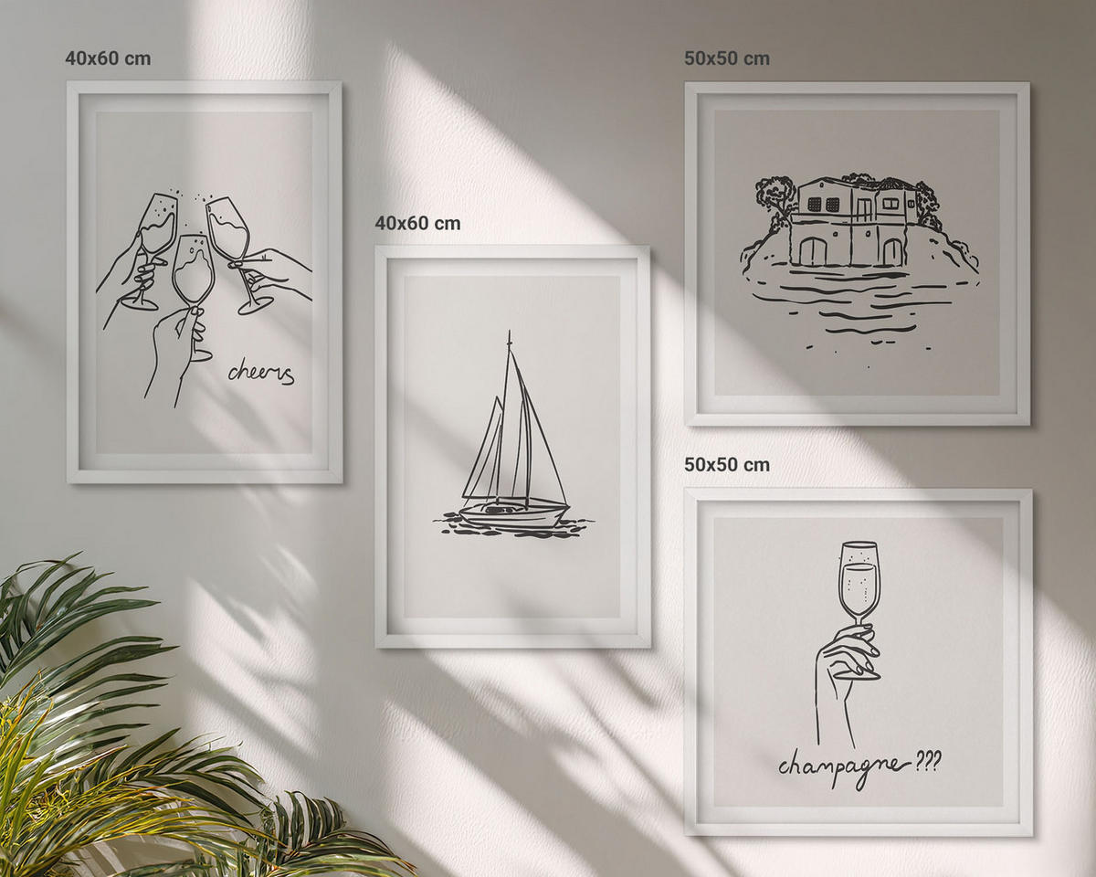 WANDBILDER 4er-Set - 50x50 cm & 40x60 cm Weißer Rahmen - Haus am Wasser, Toastsegelboot - Weiß, Kunststoff (50/50cm) - ArtPrintCave