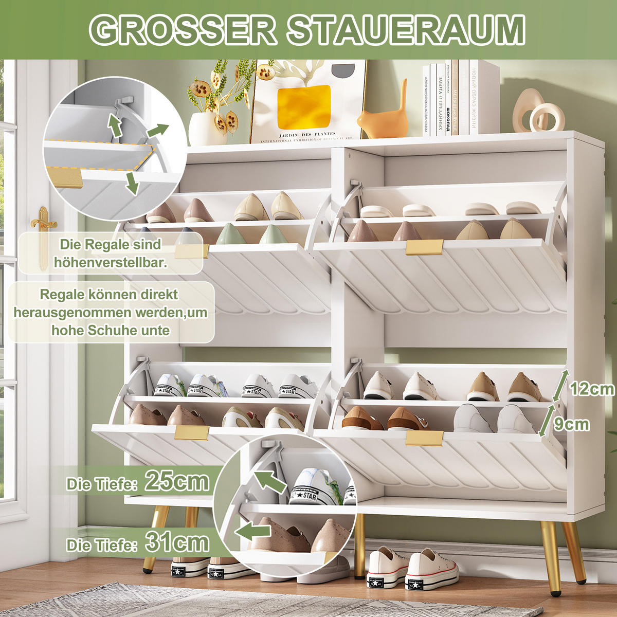 SCHUHSCHRANK Weiß 4 Klappen schmal Kippschutz 100x24x91cm - Weiß, Holzwerkstoff (24/91.25/100cm) - FLIEKS
