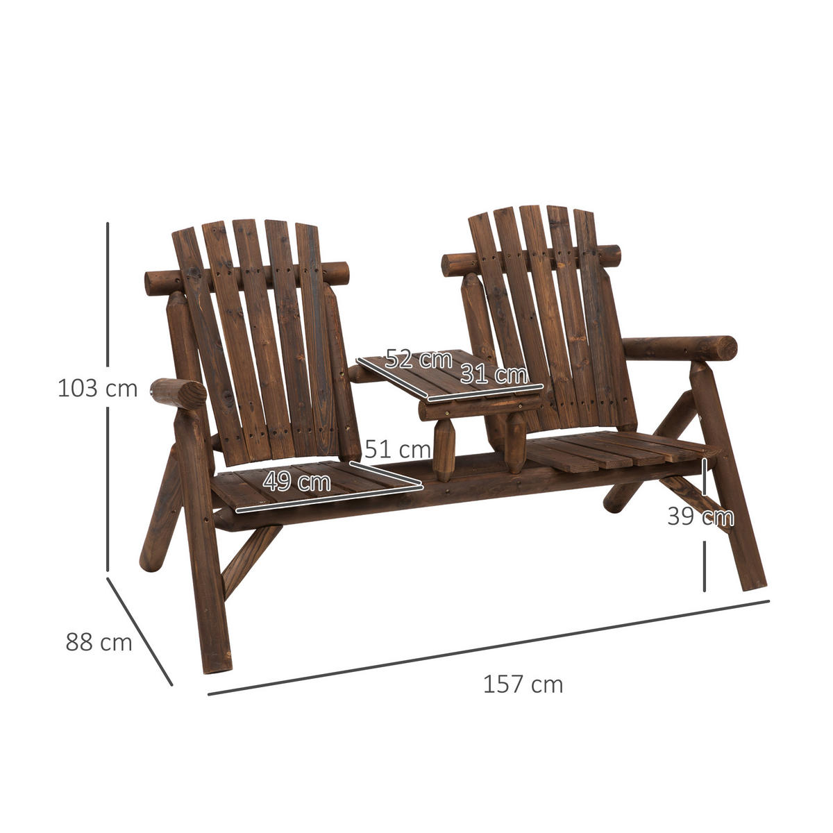 GARTENBANK mit Tisch, 157 x 88 x 103 cm, Massivholz, Braun - Braun, Holz (157/103/88cm) - Outsunny
