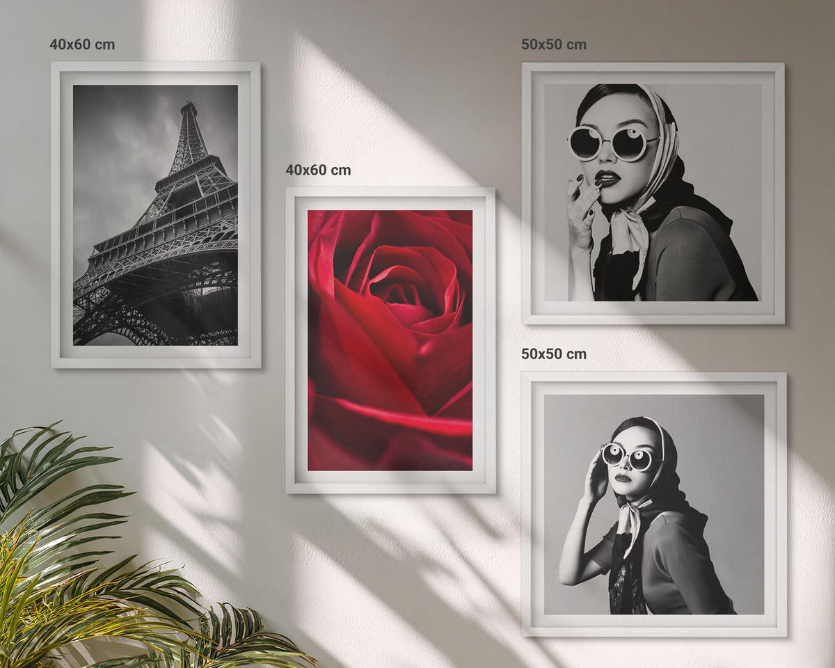BILDER SET 4er Set - 50x50 cm & 40x60 cm Weißer Rahmen - Pariserin mit Eiffelturmbrille - Weiß, Kunststoff (50/50cm) - TULUP