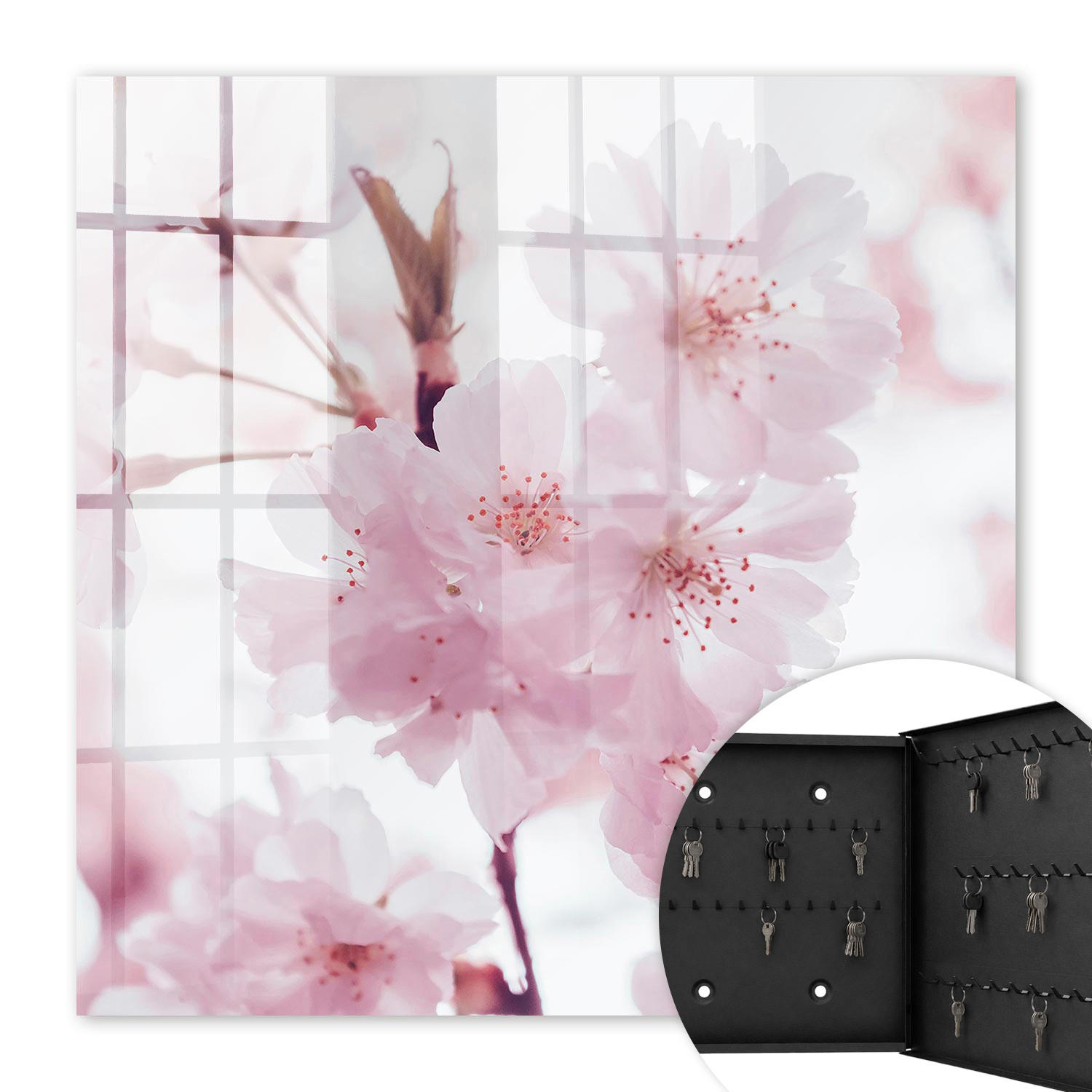 SCHLÜSSELBOX Schwarz 30x30 cm- Türöffnung nach rechts - Kirschblüten - Pink, Metall (30/30/5cm) - TULUP