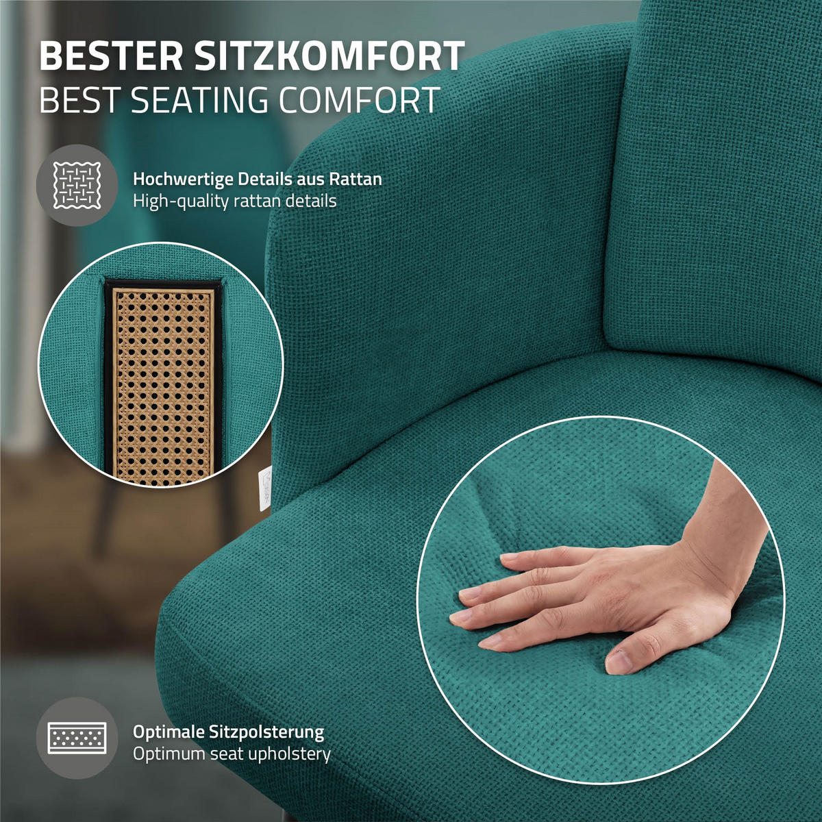 ESSZIMMERSTÜHLE 2er Set Petrol mit Stoffbezug Rattan Optik - Petrol/Schwarz, Textil/Metall (59/86/59cm) - ML-DESIGN