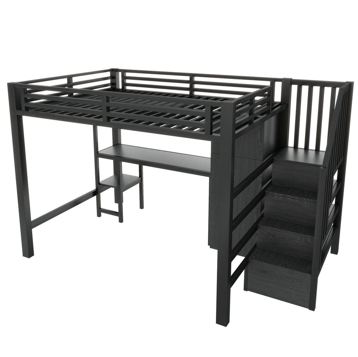 HOCHBETT 140/200 cm aus Metall und MDF mit Schreibtisch, Kleiderschrank, Regal und LED-Beleuchtung Schwarz - Schwarz, Holzwerkstoff (140/200cm) - Modenvie