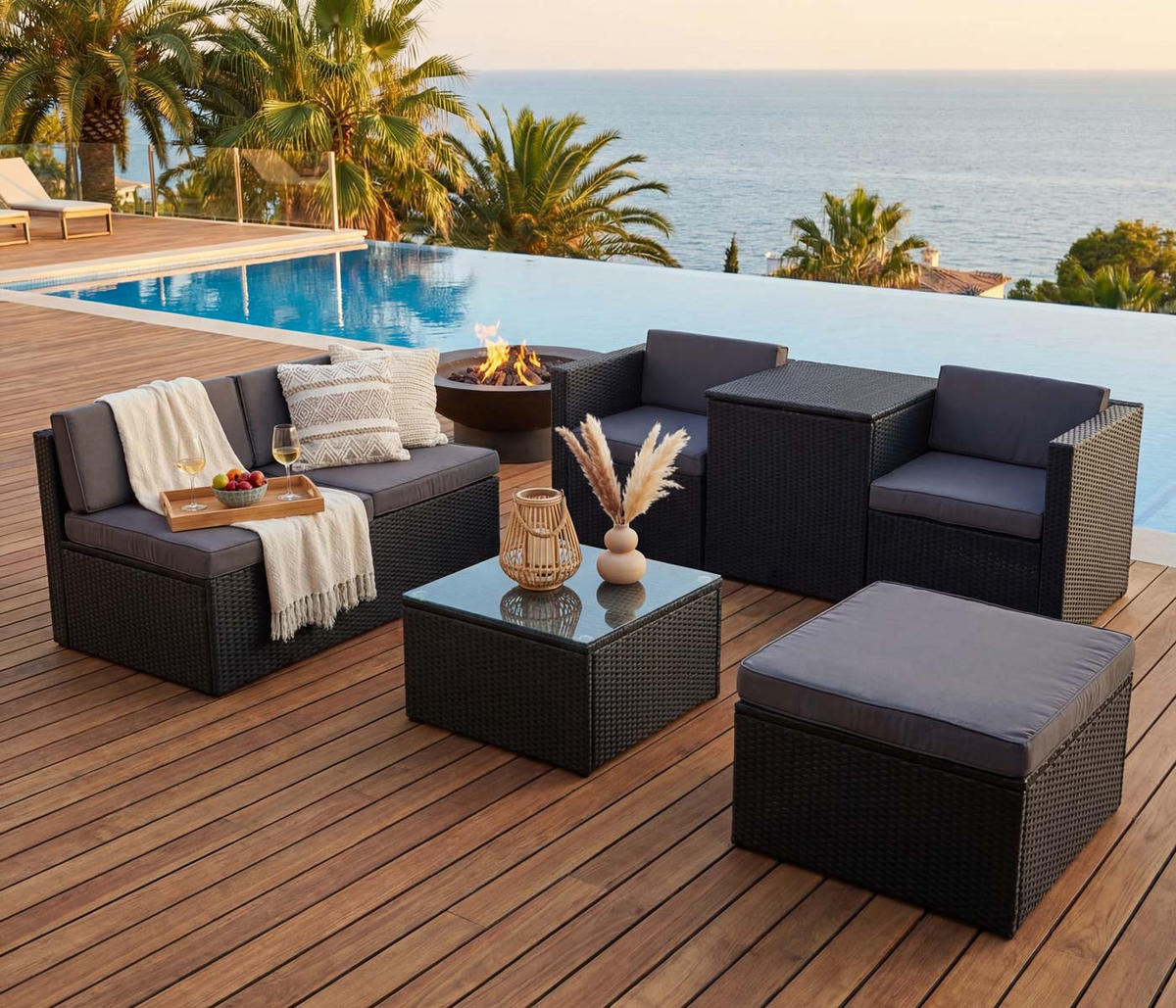 POLY-RATTAN-GARNITUR STAUFACH Anthrazit - Anthrazit, Kunststoff - MCW