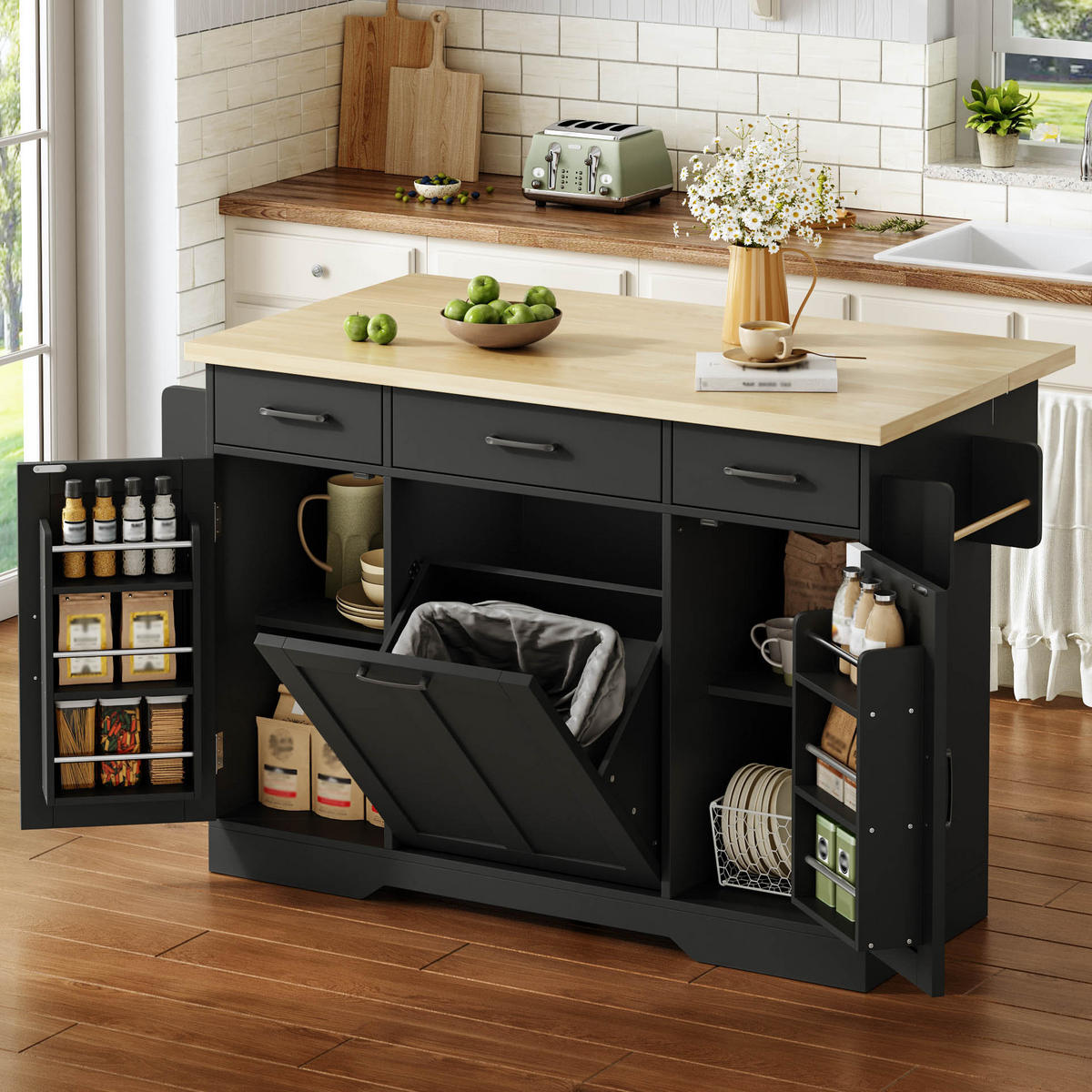 SERVIERWAGEN in Schwarz Kücheninsel mit klappbarer Arbeitsplatte und Rollen für Küchen, B120/T45 (70)/H87cm - Schwarz, Holzwerkstoff (120/87/70cm) - STILVORA