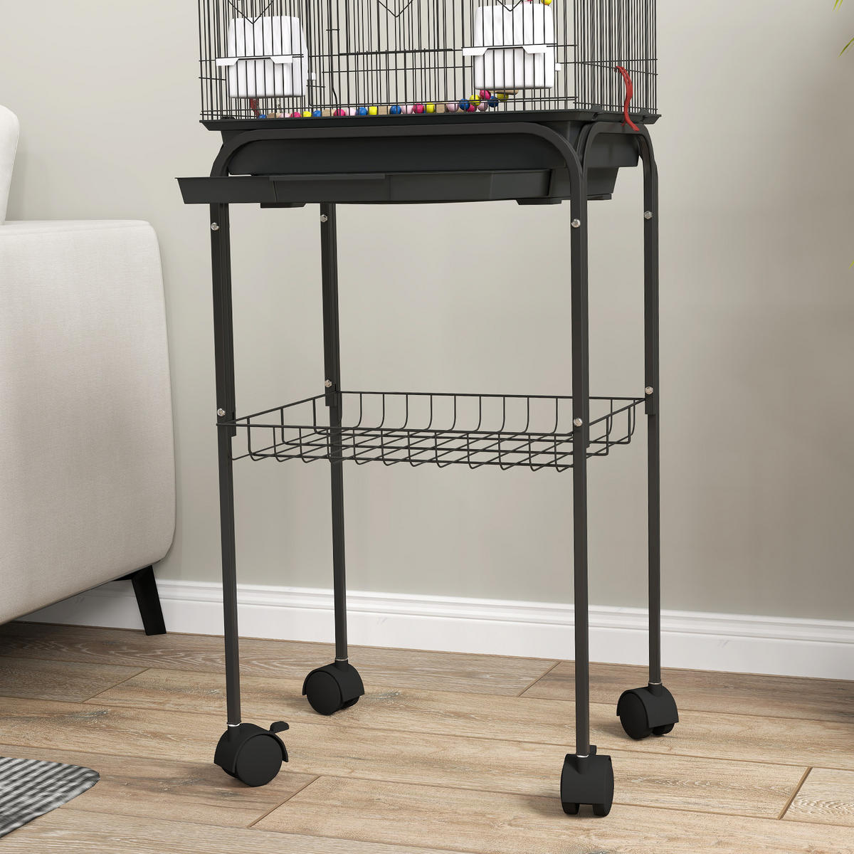 VOGELKÄFIG DE-17843 2 Näpfe & 2 Sitzstangen auf Rollen - Schwarz, Metall (36/120/46cm) - ComfortXL