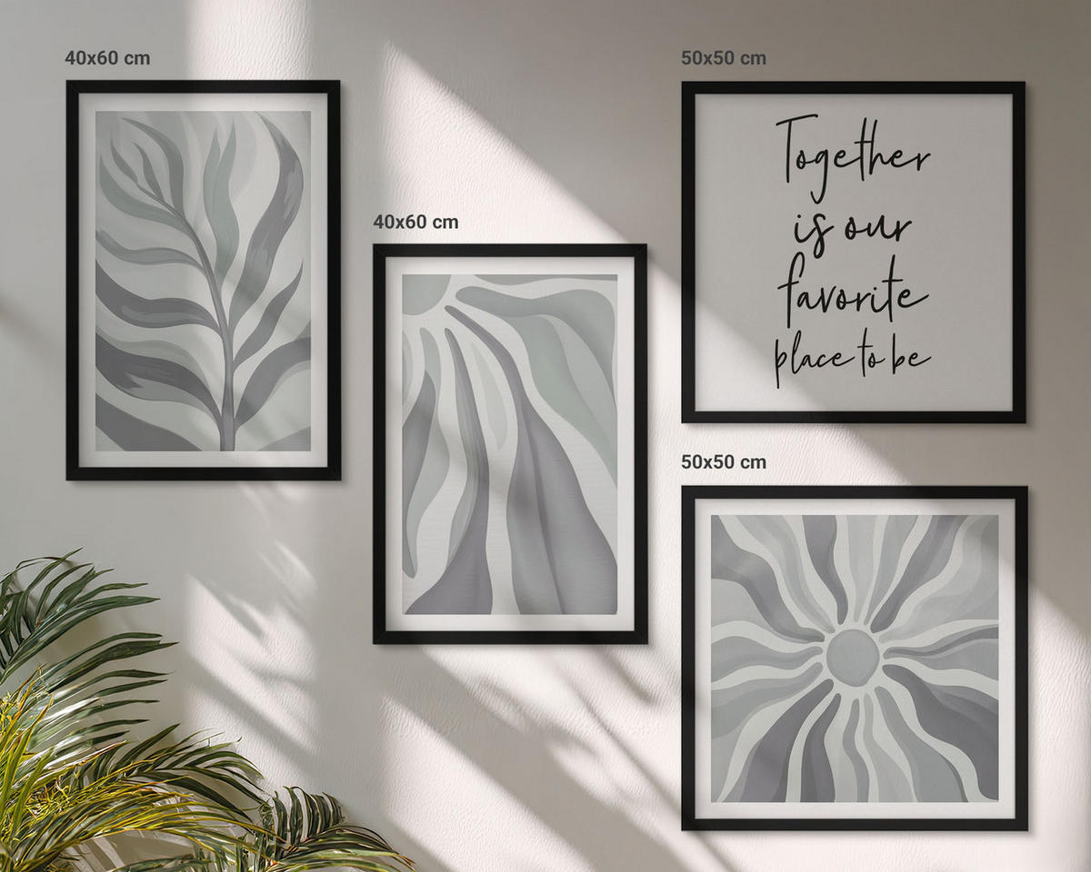 WANDBILDER 4er-Set - 50x50 cm & 40x60 cm Schwarzer Rahmen - Illustrationen mit floralen Pastellmustern - Schwarz, Kunststoff (50/50cm) - ArtPrintCave