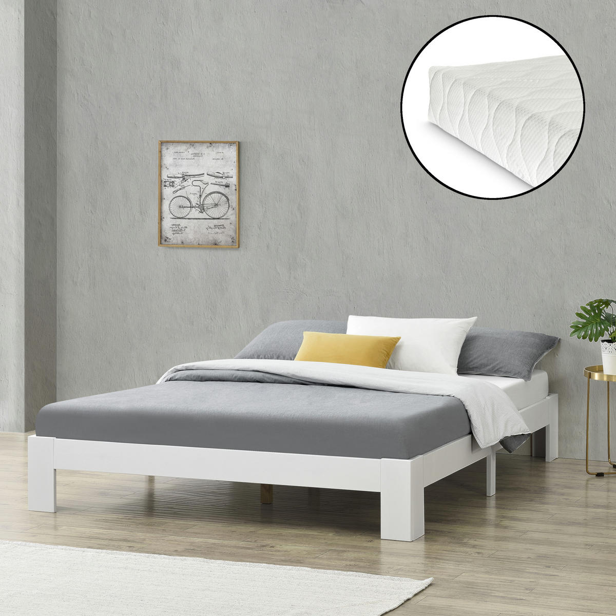 HOLZBETT Raisio mit Matratze - Weiß, Holz/Textil (160/200cm) - [en.casa]