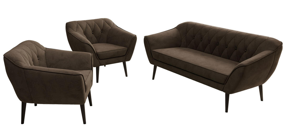 SITZGARNITUR PIRS 3+1+1 - Braun Velvet - Schwarze Beine - Dunkelbraun/Schwarz, Holzwerkstoff/Textil (180/75/74cm) - MKS