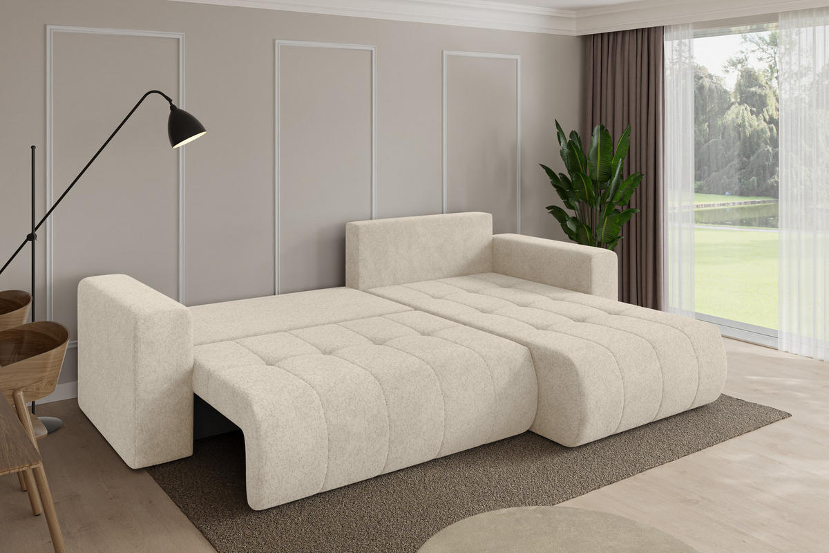 ROHOVÁ SEDAČKA s funkcí spaní, otoman vpravo MILA-L 277x194x86 krémová velur - černá/krémová, kompozitní dřevo/textil (277/194cm) - ALTDECOR