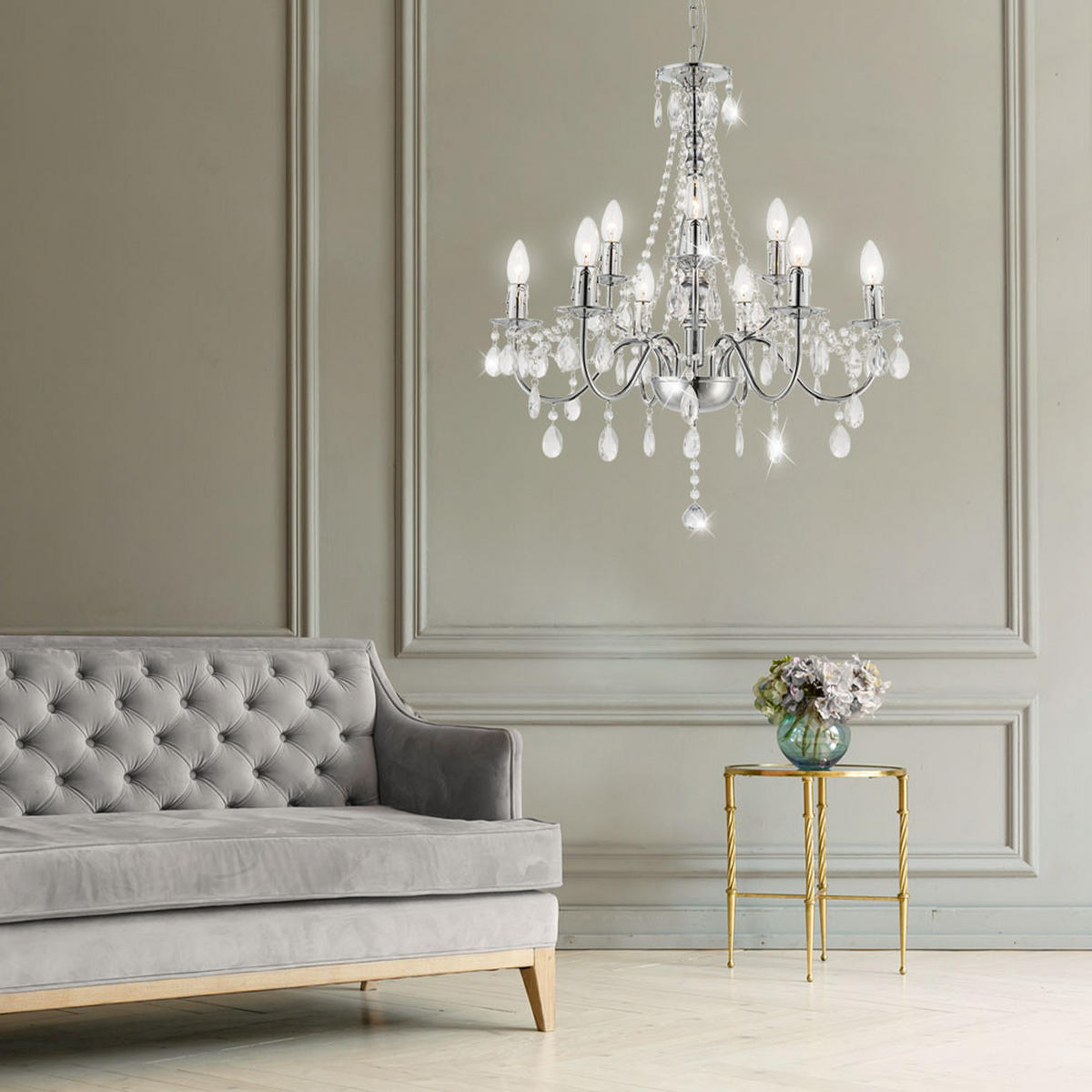 KRONLEUCHTER WILLIAM Chrom Silber Kristalloptik - Silberfarben, Metall (63/63/153cm)