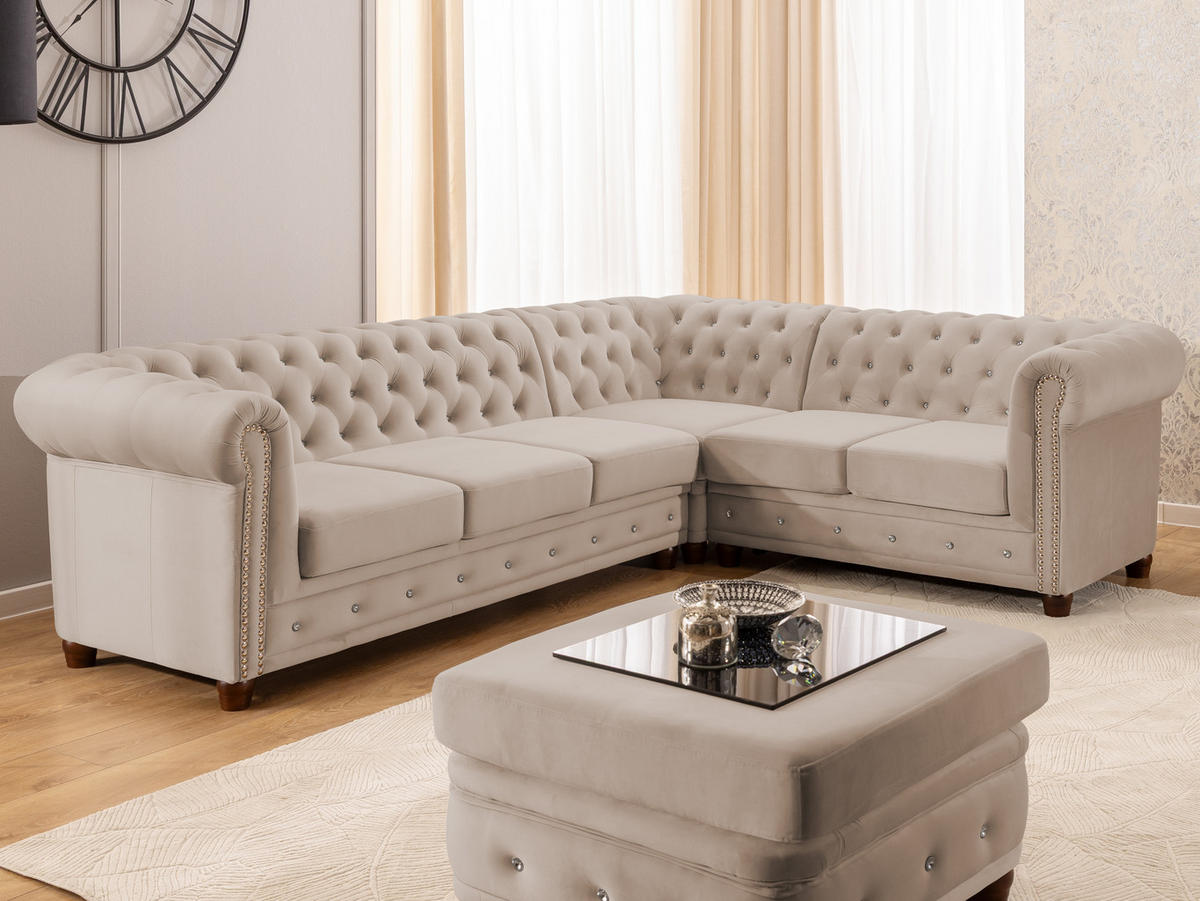 ECKSOFA mit Schlaffunktion Chesterfield Cleo Blink Beige Samt mit Kristallsteppung und braunen Massivholzfüßen - Ottomane Rechts - Beige/Braun, Holz/Textil (264/210cm) - S-Style Möbel