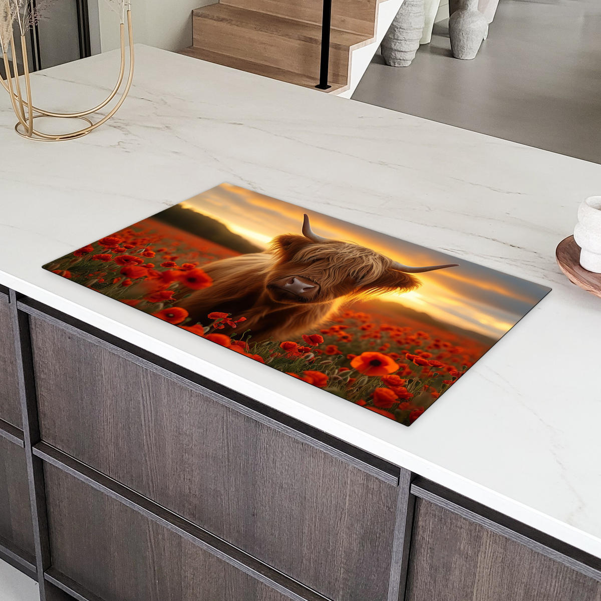 HERDABDECKPLATTE Schottische Highlander - Rosen - Blumenfeld - Sonnenuntergang Induktionsschutz 91.2x52 cm - Rotbraun, Kunststoff (91.2/52/0.2cm) - MuchoWow
