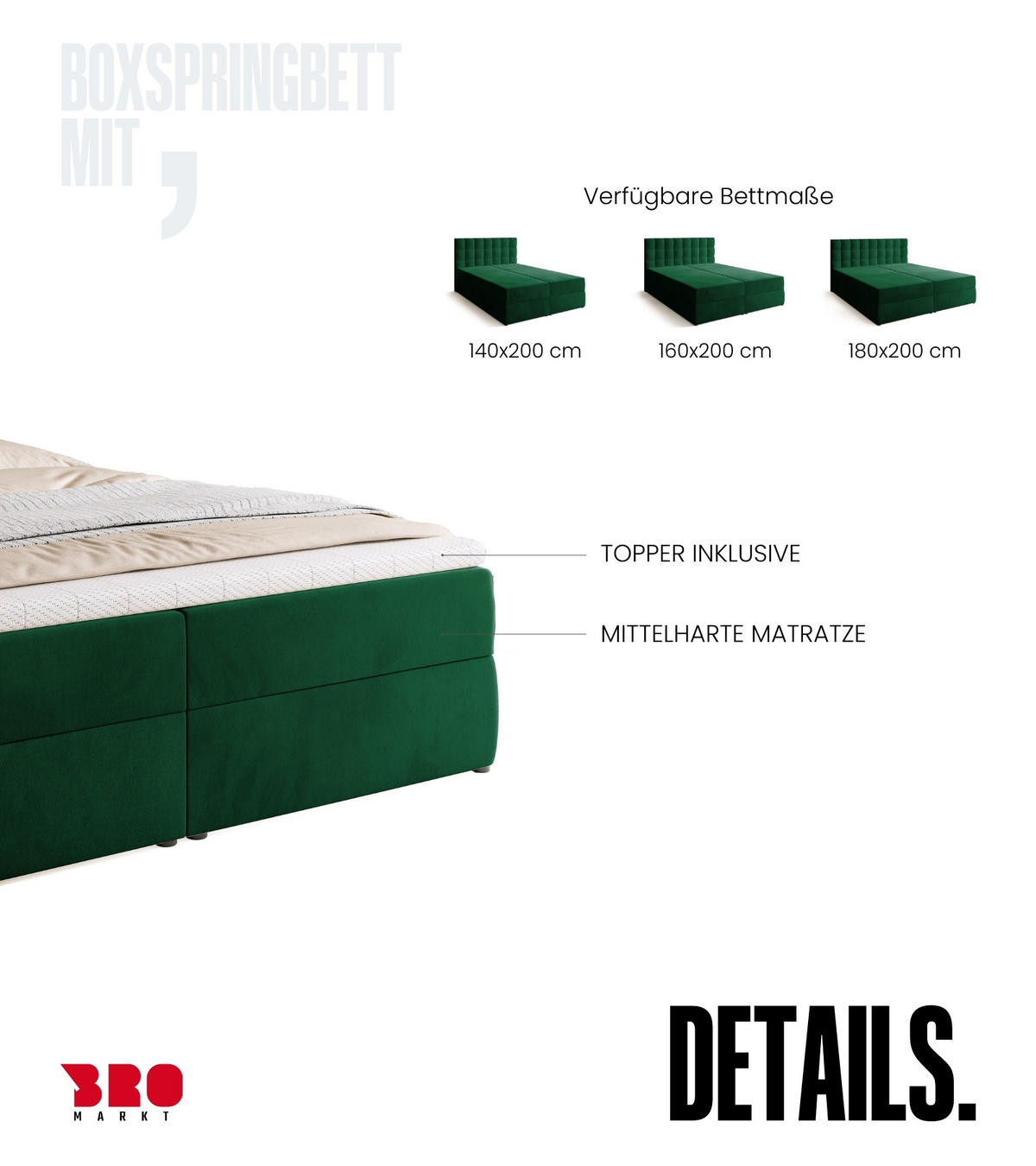 BOXBETT Detroit mit Topper 180/200 Grün - Grün, Holzwerkstoff/Textil (180/200cm) - Bromarkt