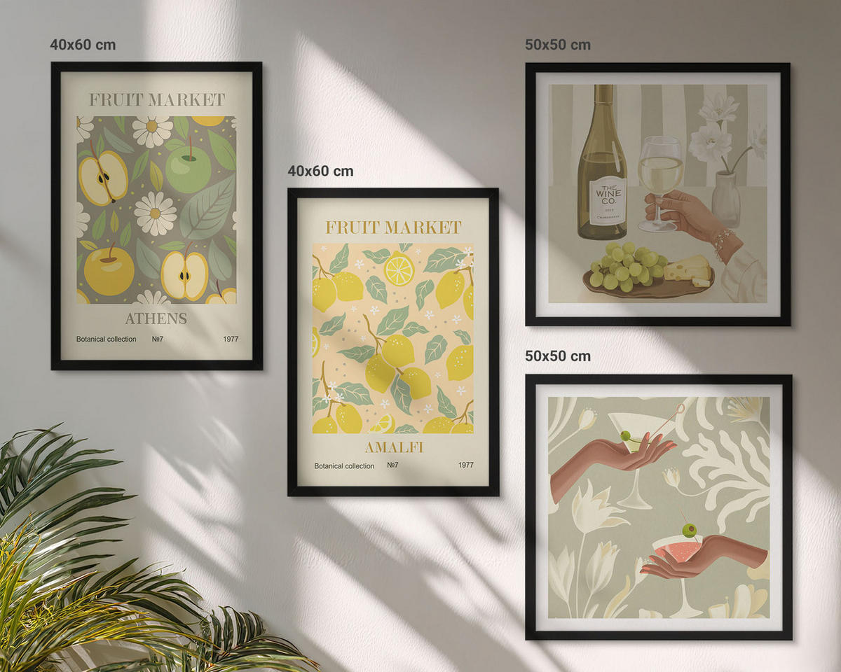 WANDBILDER 4er-Set - 50x50 cm & 40x60 cm Schwarzer Rahmen - Fruchtige Muster italienischer Wein - Schwarz, Kunststoff (50/50cm) - ArtPrintCave