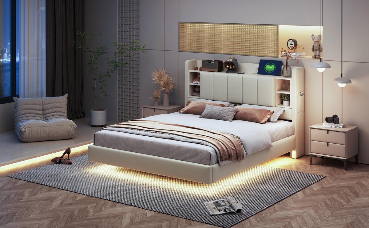 POLSTERBETT 140x200 cm LED USB beige - Beige, Textil (140/200cm) - Fortuna Lai