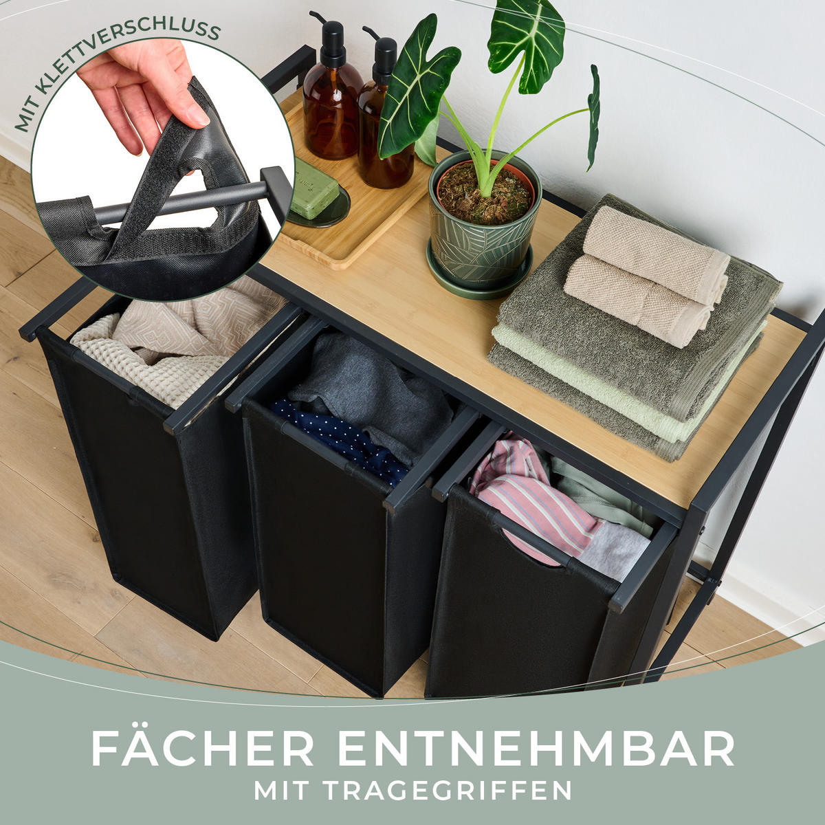 WÄSCHESAMMLER 3 Fächer Schwarz - Wäschekorb mit Ablage in Bambus-Optik - Wäschesortierer 3 Fächer - Ahornfarben, Textil (83.5/73/36cm) - Blumtal