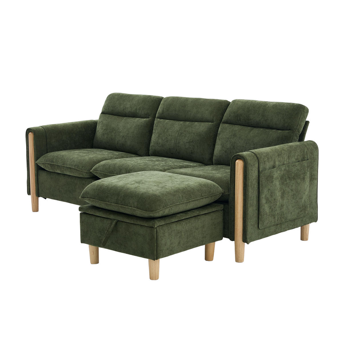 ECKSOFA 201/110/86 cm Grün mit Aufbewahrungshocker und Seitentaschen - Grün, Holz/Textil (201/110cm) - Oxeza