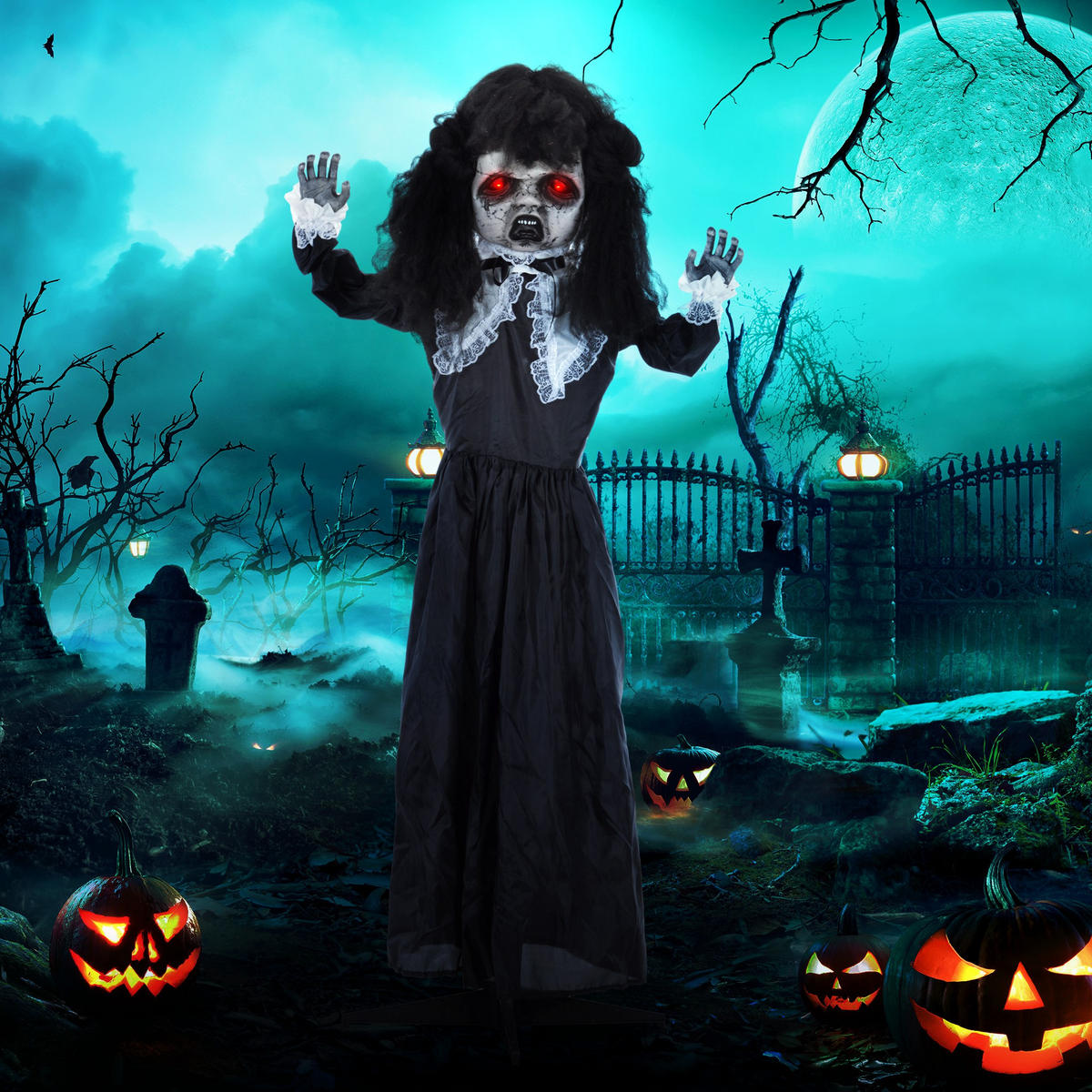 160CM Halloween Dekoration Geisterpuppe mit LED-Lichter, Soundfunktion - Schwarz, Kunststoff (15/160/65cm) - HOMCOM
