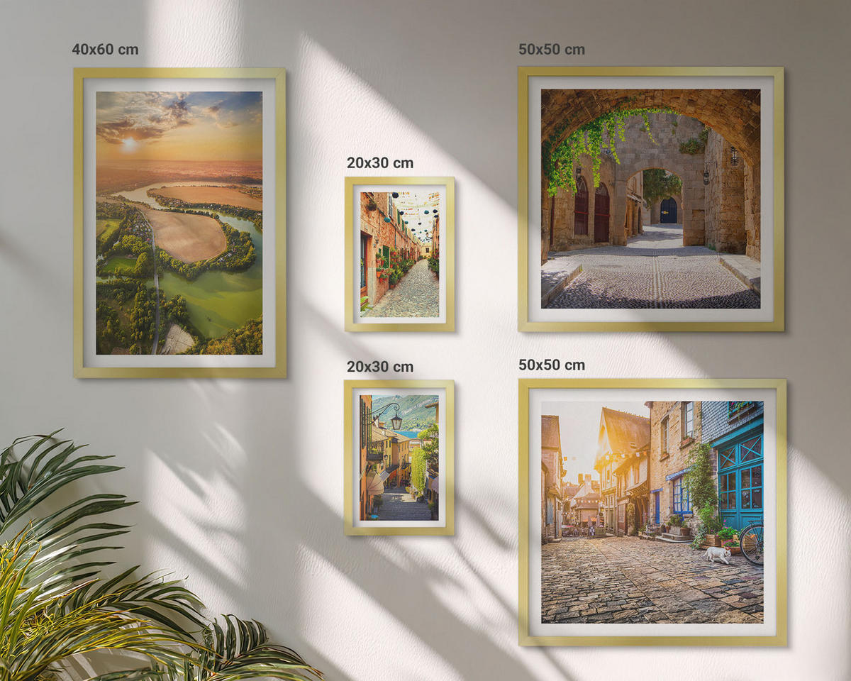 BILDER SET 5er Set - 50x50 cm & 20x30 cm & 40x60 cm Goldrahmen - Sommerlandschaften im Boho-Stil - Goldfarben, Kunststoff (40/60cm) - TULUP