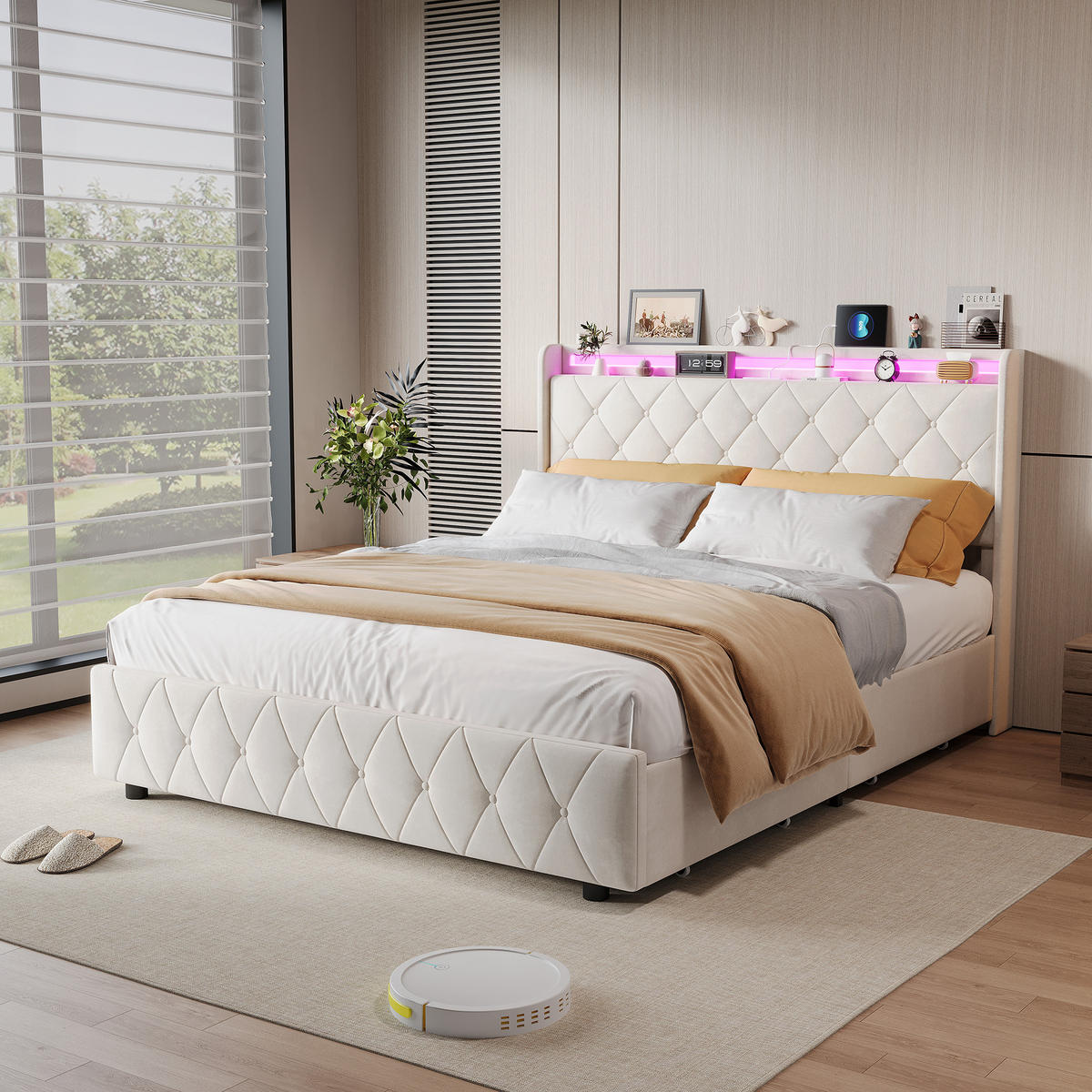 POLSTERBETT 160x200 cm LED USB 2 Schubladen Lattenrost beige - Beige, Holz (160/200cm) - LEBENLANG