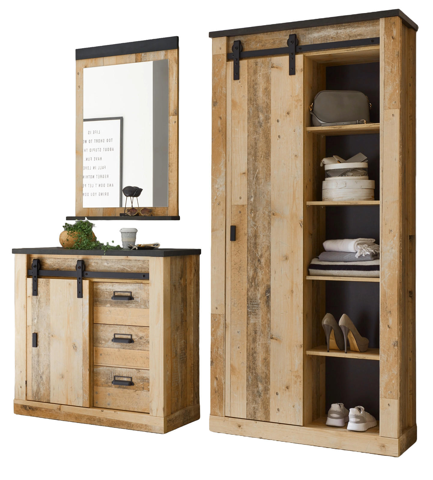 GARDEROBE Set 3-tlg. Used Wood Vintage mit großem Schuhschrank, Soft-Close - Anthrazit/Schwarz, Holzwerkstoff/Metall (206/201/43cm) - Furn.Design
