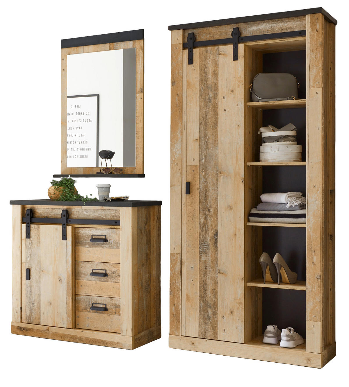 GARDEROBE Set 3-tlg. Used Wood Vintage mit großem Schuhschrank, Soft-Close - Anthrazit/Schwarz, Holzwerkstoff/Metall (206/201/43cm) - Furn.Design