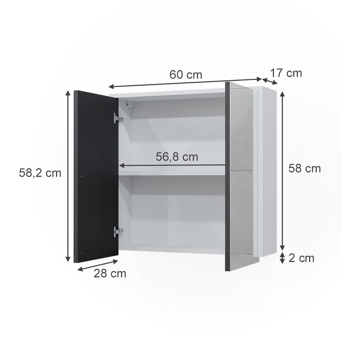 BADSPIEGELSCHRANK Maltin Weiß/Anthrazit 60 x 58 cm mit zwei Spiegeltüren - Weiß, Holzwerkstoff (60/58/17cm) - Vicco