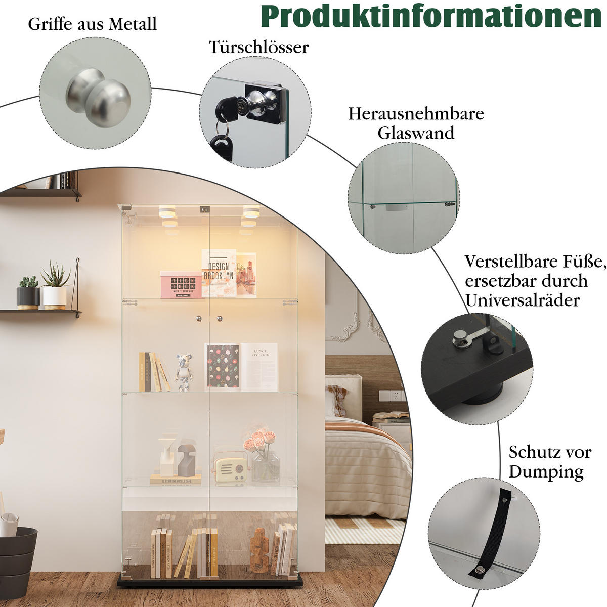 GLASVITRINE LED mit 2 Türen, 4 Regalen, Schloss, Schwarz für Wohnzimmer - Schwarz, Holz (35/163/78.5cm)