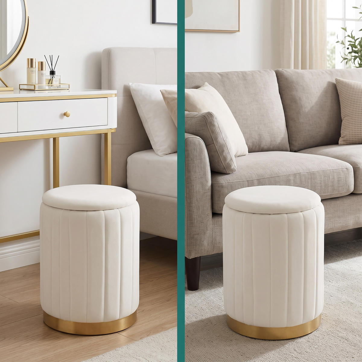 HOCKER Weiß Samt mit Stauraum rund goldfarbener Metallsockel - Weiß, Holzwerkstoff/Textil (32/42/32cm) - Relaxdays