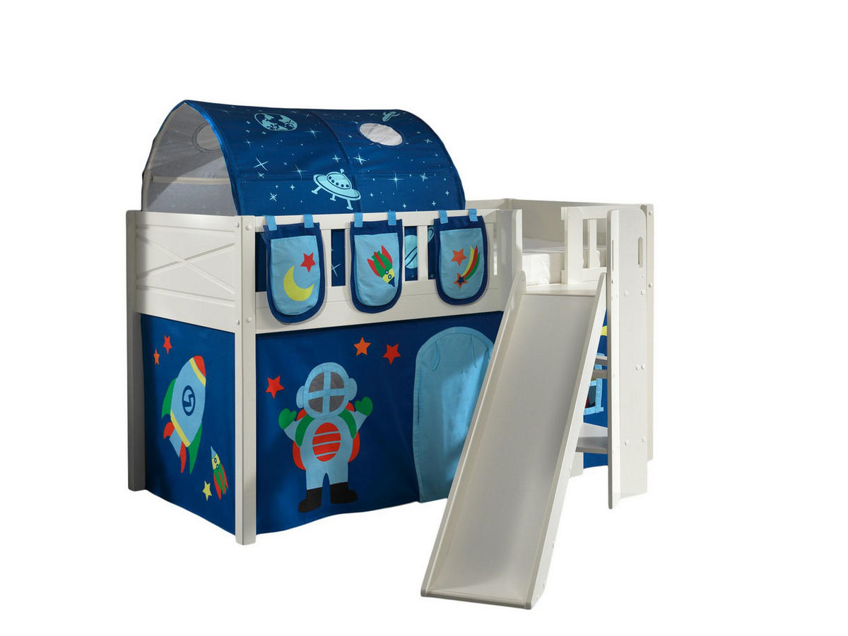 KINDERBETT mit Rutsche Karyl Massivholz Weiß Textilset Astro 4 - Blau/Weiß, Holz (90/200cm) - 58aufmkessel