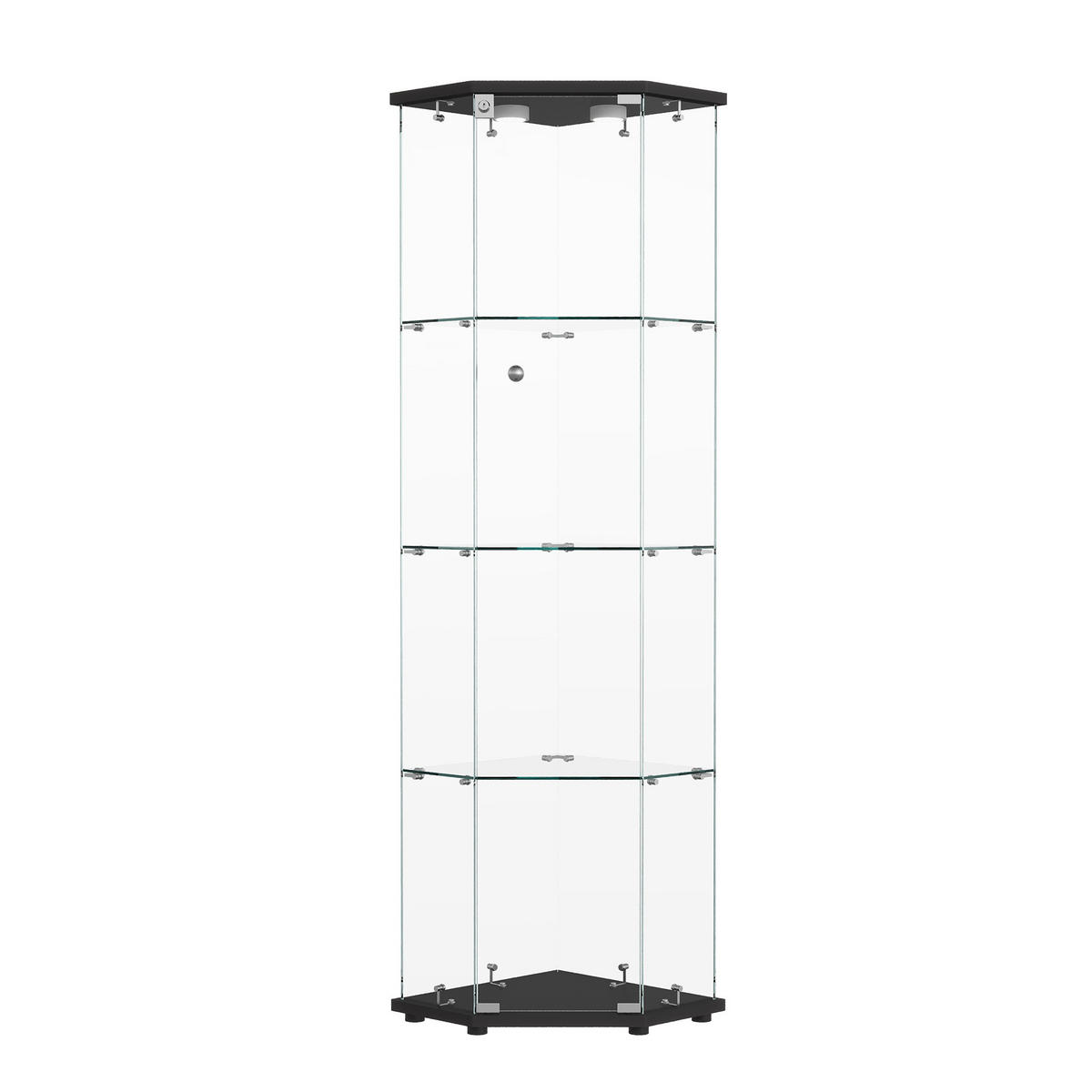 GLASVITRINE Schwarze 5-Eck Vitrine mit 4 Ebenen, LED-Leuchten & Schloss - Schwarz, Glas (42.5/162/60cm) - CASIVA
