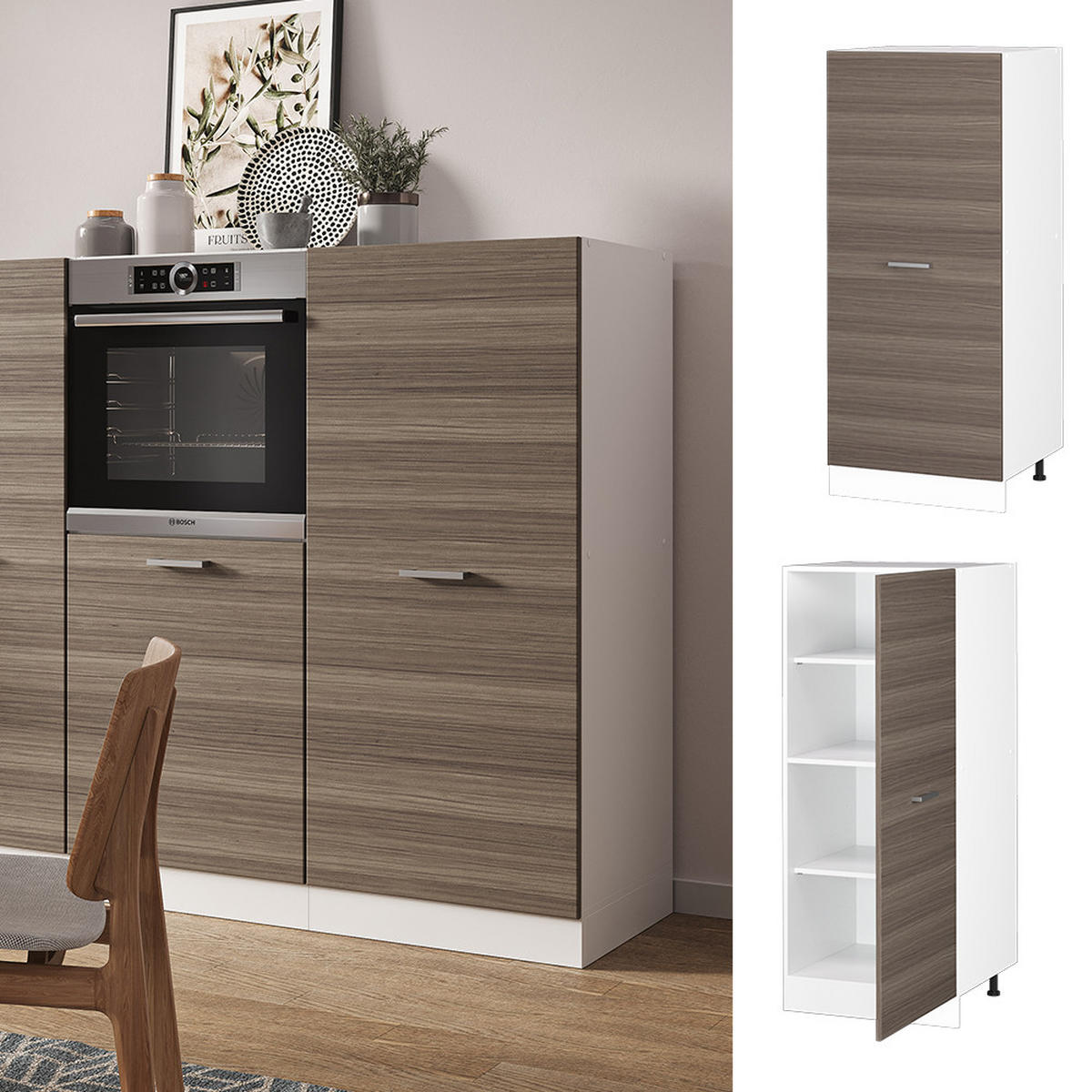 HOCHSCHRANK R-Line Edelgrau 60 cm - Weiß/Braun, Holzwerkstoff (60/143/57cm) - Vicco